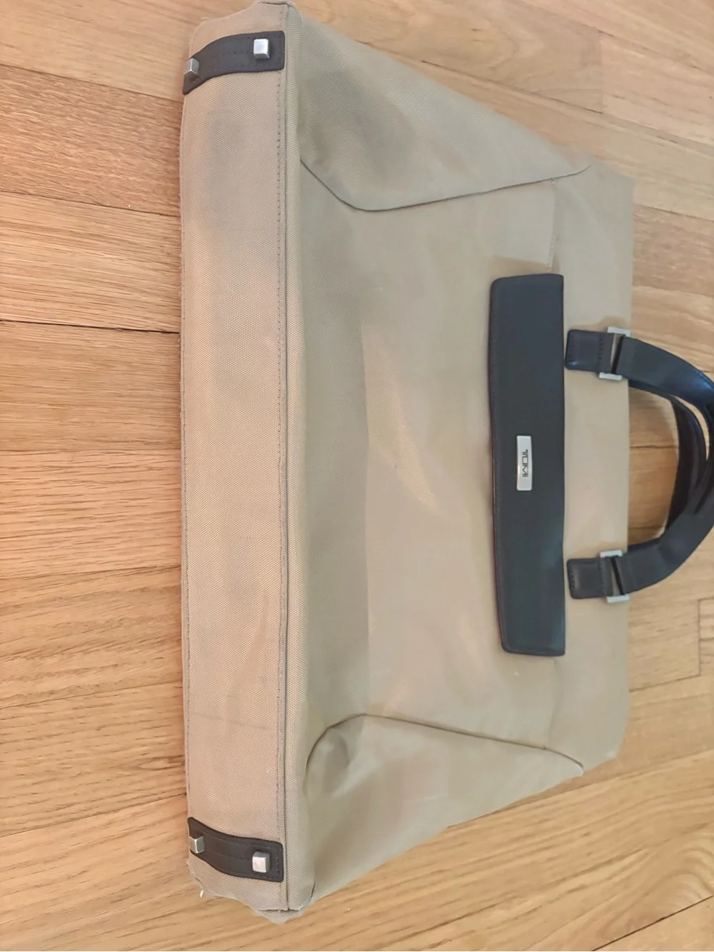 Tumi Beige and Dark Brown Nylon Briefcase with Leather Trim